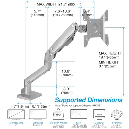 AVLT Single Monitor Arm Desk Mount for 34-57" Screens, Heavy Duty - Gray | Fits One 44 lb Heavy Duty Monitor – Full Motion Height, Swivel, Tilt, Rotation – VESA 200x200, 200x100, 100x100, 75x75 - color: Gray-34 to 57 Inch
