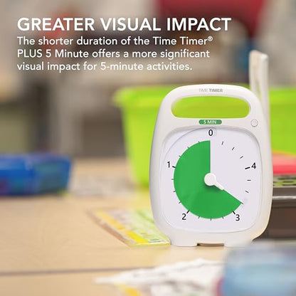 TIME TIMER PLUS 5 Minute Desk Visual Timer - Countdown Timer with Portable Handle for Classroom, Office, Homeschooling, Study Tool with Silent Operation (White) - style: 5 Minutes
