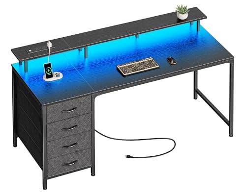 Huuger 55 Inch Computer Desk with Power Outlets and LED Lights, Gaming Desk with 4 Drawers, Office Desk with Monitor Stand, Study Work Home Office, Black - color: Black, size: 55 INCH