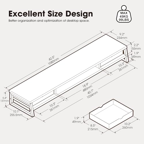 Fenge Dual Monitor Stand Riser, 42.5in Desk Shelf with 2 Drawers, White - color: White