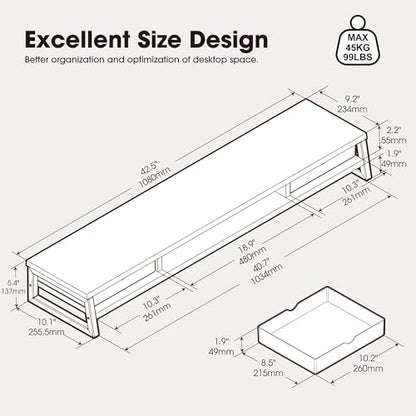 Fenge Dual Monitor Stand Riser, 42.5in Desk Shelf with 2 Drawers, Black - color: Black