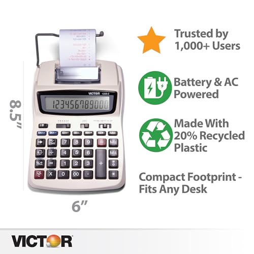 Victor 12-Digit Compact Adding Machine Printing Calculator, Fast 2.3 Lines-Per-Second Ink Roller Printer with Cost, Sell and Margin Keys, 20% Recycled Plastic Enclosure, White (1208-2) - size: 1.5" x 6" x 7.5"