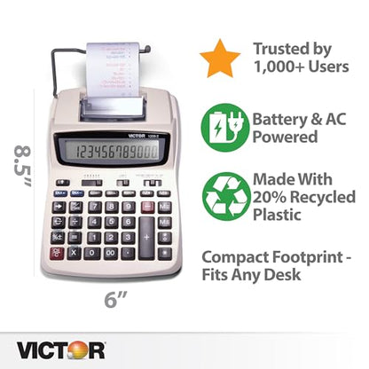 Victor 12-Digit Compact Adding Machine Printing Calculator, Fast 2.3 Lines-Per-Second Ink Roller Printer with Cost, Sell and Margin Keys, 20% Recycled Plastic Enclosure, White (1208-2) - size: 1.5" x 6" x 7.5"