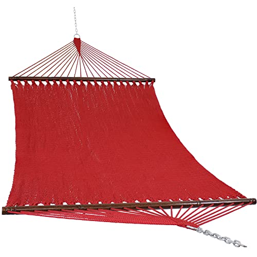 Sunnydaze Heavy Duty Double Rope Hammock for Outside, 600 lb Capacity | Red, 75" x 55" Bed, Soft-Spun Polyester, Wood Spreader Bars, 2-Person Outdoor Hammock for Backyard, Camping, or Patio - color: Red