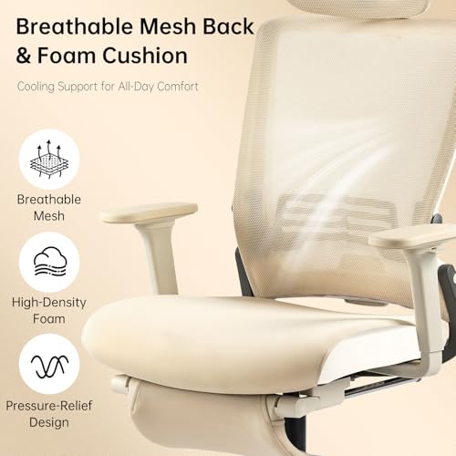 Ergonomic Foldable Office Chair with Footrest and Lumbar Support, Cream - color: Cream