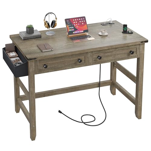 EnHomee Small Desk with Drawers & Side Pocket for Teens & Bedroom | 2 Wooden Storage Drawers & Side Pocket; Store Stationery & Personal Belongings for Teen Small Bedroom Space, Dark Rustic Oak - color: Dark Rustic Oak, size: 32inch with Drawers