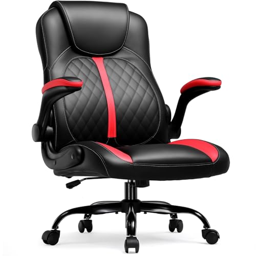 COMHOMA Office Computer Gaming Chair Ergonomic Desk Chair for Adults with Lumbar Support Flip-Up Arms Adjustable Height Swivel Wheels PU Leather Executive Design for Short People Use, Red - color: Nred
