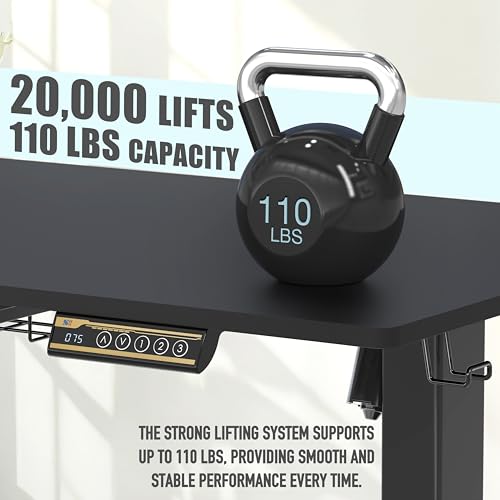 SHW 40 x 22 Electric Height Adjustable Sit to Stand Desk, Black | with Hanging Hooks and Cable Management, Black Frame and Black Top - color: Black, size: 40-Inch