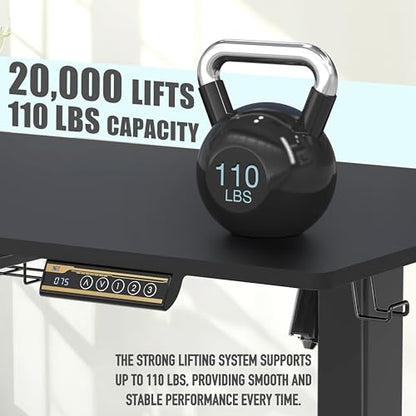 SHW 40 x 22 Electric Height Adjustable Sit to Stand Desk, Black | with Hanging Hooks and Cable Management, Black Frame and Black Top - color: Black, size: 40-Inch