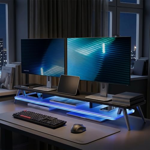 Fenge Dual Monitor Stand with 8-Mode LED Lights and Frosted Shelf, Black | Sturdy Aluminum Legs, Built-In Phone & Tablet Slot, 2-Tier Storage, 42.5-Inch Desk Shelf for Gaming, Home Office & Streaming - color: Black