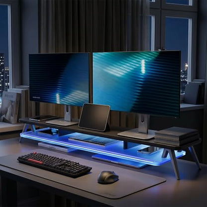 Fenge Dual Monitor Stand with 8-Mode LED Lights and Frosted Shelf, Black | Sturdy Aluminum Legs, Built-In Phone & Tablet Slot, 2-Tier Storage, 42.5-Inch Desk Shelf for Gaming, Home Office & Streaming - color: Black