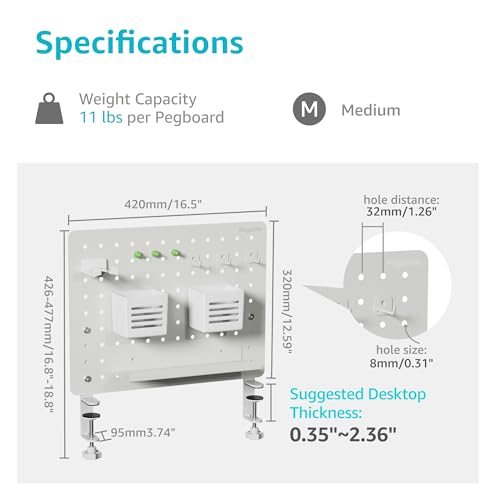 PEGZONE Clamp on Desk Pegboard, 16.5" x 12.6", with 10 Accessories, White - color: White, size: Medium