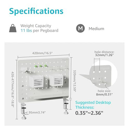 PEGZONE Clamp on Desk Pegboard, 16.5" x 12.6", with 10 Accessories, White - color: White, size: Medium
