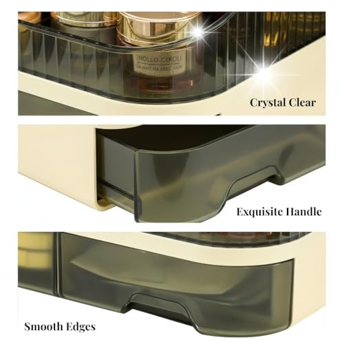 Makeup Organizer Countertop with Dual Drawers, Large Capacity Cosmetic Storage for Vanity Bathroom Skincare, 360° Rotating Makeup Brush Holder - color: green