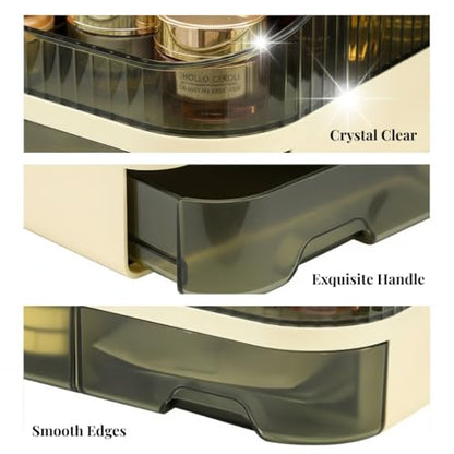 Makeup Organizer Countertop with Dual Drawers, Large Capacity Cosmetic Storage for Vanity Bathroom Skincare, 360° Rotating Makeup Brush Holder - color: green