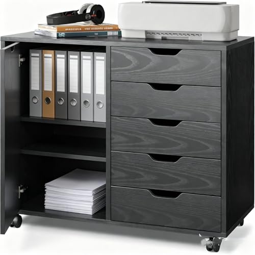 5-Drawer Wood Drawer Cabinet, Office Storage Cabinet with Adjustable Shelf & Wheels, Printer Stand for Home Office, Black, 15.7" D x 30.7" W x 25.4" H - color: Black, size: 1Door, 5 Drawers