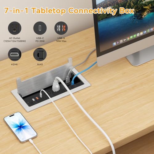 Conference Table Power Hub with HDMI, Tabletop Connectivity Box with RJ45 + 20W USB C + 2 USB A + 2 AC Outlets, Flush Mount Desk Power Outlet for Office School, Silver