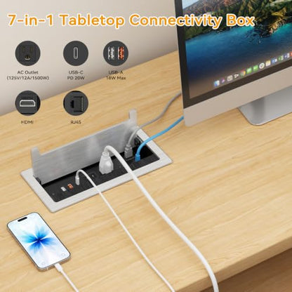 Conference Table Power Hub with HDMI, Tabletop Connectivity Box with RJ45 + 20W USB C + 2 USB A + 2 AC Outlets, Flush Mount Desk Power Outlet for Office School, Silver
