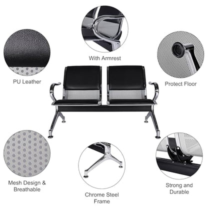 Kinfant Waiting Room Chairs Set- 2-Seat PU Leather Office Chair Guest Reception Waiting Room Bench Furniture for Airport, Hospital, Bank, Salon, Barbershop(Black, Set of 3) - size: 6 Seat