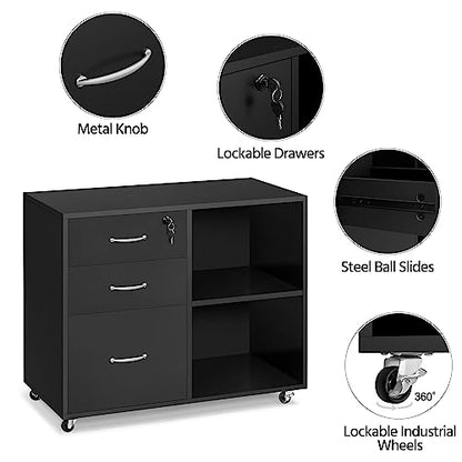 Yaheetech Mobile File Cabinet with Lock, 3-Drawer Printer Stand, Black | Lockable drawer, open shelves, and a printer top organize office files; mobile wood-finish cabinet on wheels, holds 220 lb. - color: Black