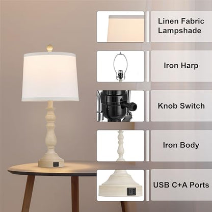 23'' Table Lamps Set of 2, Lamps for Bedroom, USB C+A Ports, Beige - color: B.White, Grey