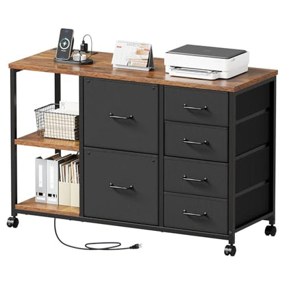 Maihail 6 Drawer File Cabinet with Charging Station and Open Storage Shelf - color: Rustic Brown Top+black Drawer