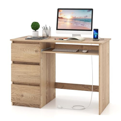 Tangkula Computer Desk with 3 Storage Drawers & Built-in Charging Station, Home Office Desk with Keyboard Tray, PC Desk Study Writing Desk, Vanity Table for Bedroom, Computer Workstation (Natural) - color: Natural