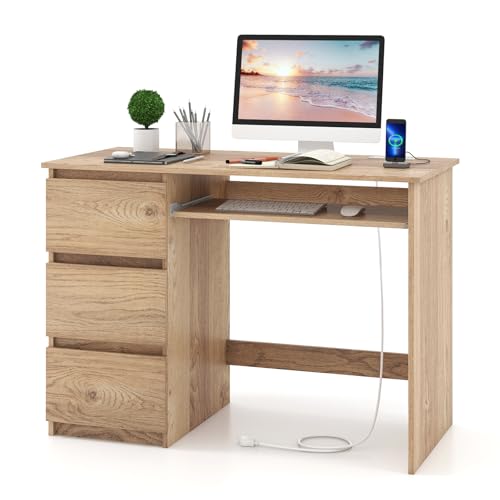 Tangkula Computer Desk with 3 Storage Drawers & Built-in Charging Station, Home Office Desk with Keyboard Tray, PC Desk Study Writing Desk, Vanity Table for Bedroom, Computer Workstation (Natural) - color: Natural