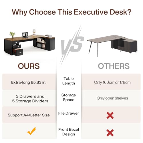 Tribesigns 85.8-Inch L-Shaped Executive Desk, Warm Brown & Black - color: Warm Brown & Black