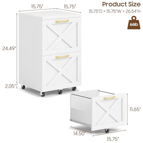 Halitaa Farmhouse 2 Drawer Small File Cabinet with Wheels, White - color: White