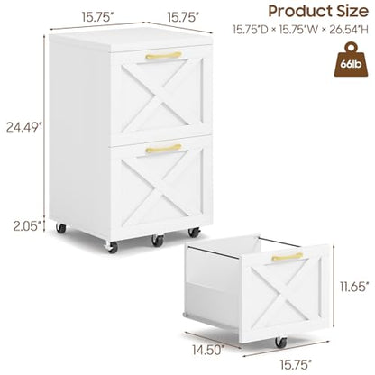 Halitaa Farmhouse 2 Drawer Small File Cabinet with Wheels, White - color: White