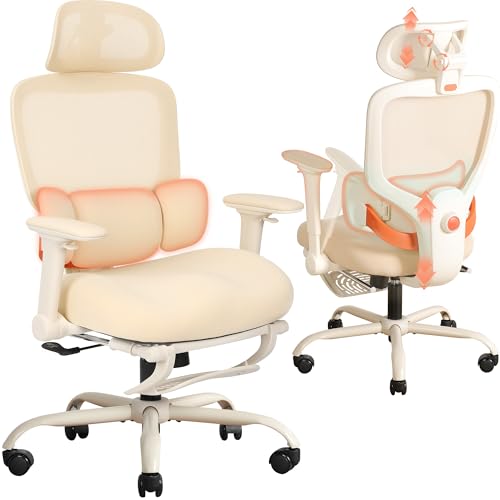 Ergonomic Office Chair with 4D Flip-Up Arms & Footrest, Mesh Desk Gaming Chair with 3D Headrest & 2D Floating Wing Lumbar Support, High Back Computer Chair for Home Office Vanity, Beige - color: Beige