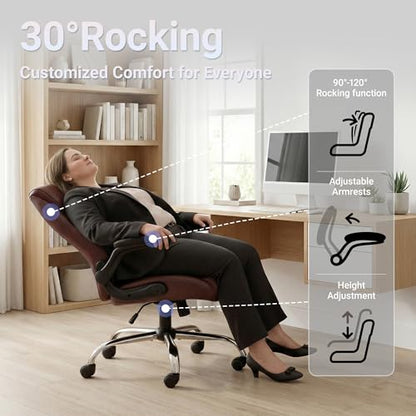 Big and Tall Office Chair for Heavy People, 400LBS High Back Extra Wide Executive PU Leather Office Chair with Flip-Up Armrests, Smooth Caster Wheels, Comfortable Home Office Desk Chair (Brown) - color: Brown - Rubber Wheels