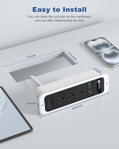 Recessed Power Strip with Retractable USB C Cable,2 PD 20W USB C,Flush Mount Countertop Drawer Outlet, Furniture Hidden Outlet for Side Table,End Table,3 Outlets (Black and White, 6FT-20W) - color: Black and white, size: 6FT-20W USB