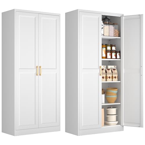 Polup 71" White Metal Kitchen Pantry Storage Cabinet with Doors and Shelves | Tall Freestanding Cupboard, 5-Tier Heavy Duty, 4 Adjustable Shelving, Gold Handles, for Garage, Dining Living Room, Office - color: White, size: 71"H with No Drawers