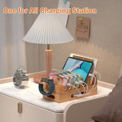 Pezin & Hulin Bamboo Charging Station with 5 Cables-Natural Bamboo - color: Dock Stand +Cables