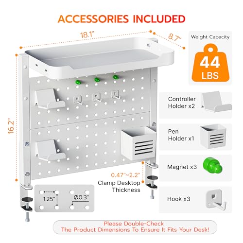 ARES WING Desk Clamp On Pegboard with 16 inches Organizer Shelf, White | Adjustable Above or Under Desk Storage Shelf Holds 44 lbs, Magnetic Metal Peg Board for Office and Gaming Accessories - color: White, size: Pegboard Shelf