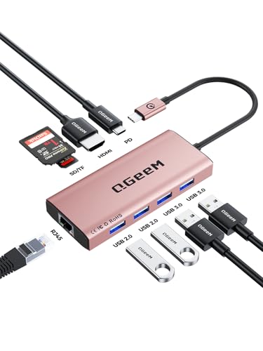 QGeeM USB C Hub Ethernet,9 in 1 USB Type C Hub HDMI Multi-Port Converter Adapter,100W Pd, USB 3.0,SD/TF Card Reader,Compatible for MacBook Pro Air Ipad HP Dell Lenovo Chromebook etc.-Pink - color: Pink