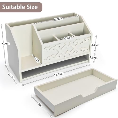 White Wooden Mail Organizer with Drawer, Three Tiered Desk Accessories for Office Organization and Storage, Stylish Countertop Document Storage, Home/Office/Classroom Supplies (White03) - style: White03