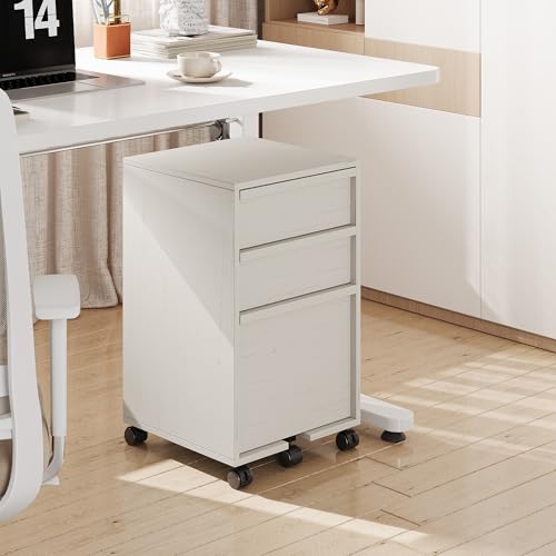 Garvee Rolling File Cabinet with 3 Drawers, Wood Mobile Filing Cabinet for Home Office, Under Desk Printer Stand with Wheels, Large File Drawer, 2 Locking Casters, White - color: White