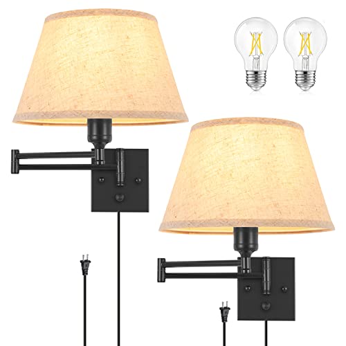TRLIFE Dimmable Wall Sconce Plug in, Wall Sconces Set of Two Swing Arm Wall Lights with Plug in Cord and On/Off Dimmer Rotary Switch, 11.8" Large Beige Fabric Shade(2 Pack, 2 Bulbs Included) - color: Beige, size: Large