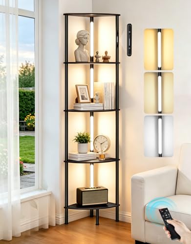 5-Tier Corner Bookshelf with LED Lights, Touch & Remote Control, 3 Color Temperatures, Dimmable Narrow Display Shelf with 1-Hour Timer for Living Room, Bedroom, Office(Black) - color: Black