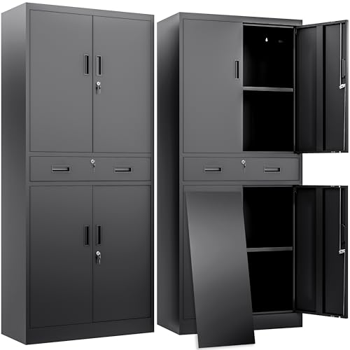BESFUR Metal Storage Cabinet with a Drawer 4 Doors and 2 Adjustable Shelves Garage Storage Cabinet with Lock 71" Office Storage Cabinets Locking Cabinets for Garage Office Shop Home (Black) - color: Black, size: 71"H x 28"W x 16"D