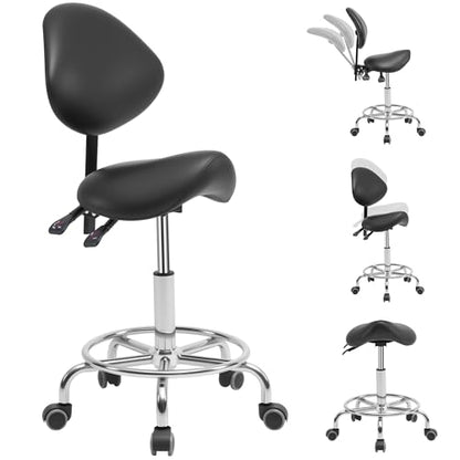 Saddle Stool Chair with Back Support and Wheels, Ergonomic Swivel Chair | Multi-functional Saddle Stool with Adjustable Height for Salon Dentist Clinic Tattoo Spa Saddle Rolling Stool Black