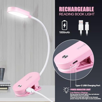VAVOFO Rechargeable Book Light, 14 LEDs Eye Care Clip On Amber Reading Light for Bookworms Reading in Bed with 9 Colors 9 Brightness (Pink) - color: Pink