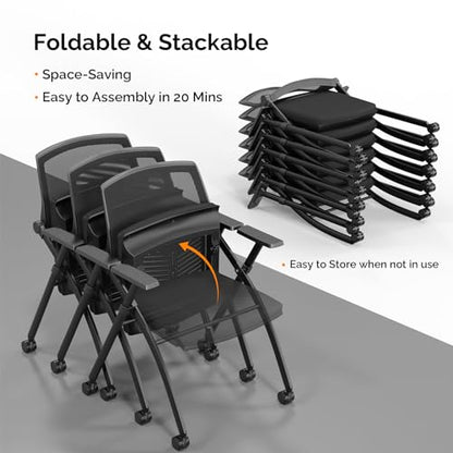 VINGLI 8 Pack Stackable Conference Room Chairs with Wheels, Folding Office Chair with Rebound Back, Padded Seat for Training Room, Guest, Reception, Event, Capacity 350lbs, Black - size: 8 Pack