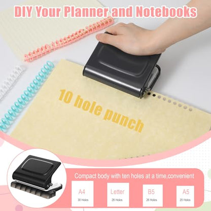 Grey 10-Hole Binding Machine for Planner with 20pcs Comb Binding Spines, Plastic Spiral Bindings Coils，30 Holes on A4,20 Holes on A5,26 Hole on B5,10 Sheet Capacity