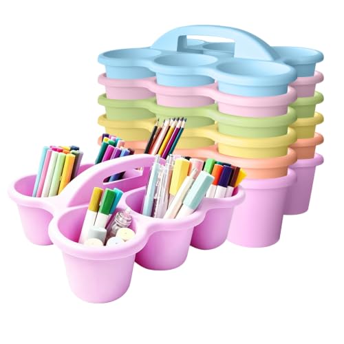 6 Pack Classroom Caddy Organizer with Handle Pastel Plastic Table Caddy 6 Compartments Storage Cup Holder for School Supplies Art Crafts Crayons Pencils Stackable Desk Caddy for Office Home - color: Pastel