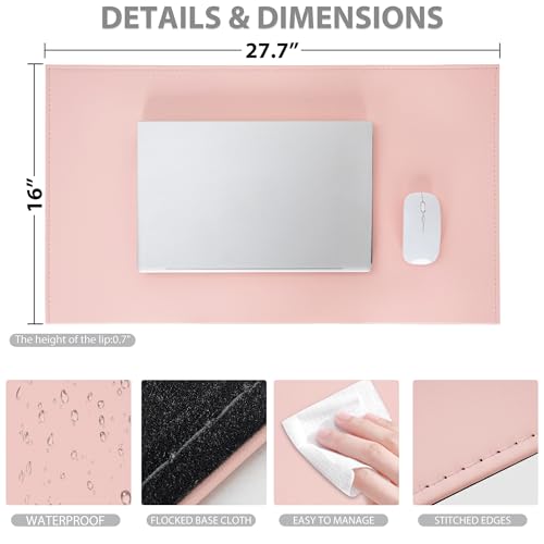 AKOZLIN 27.55”x 15.8" Soft PU Leather Surface Office Desk Mouse Mat Anti-Push Pad with Full Grip Fixation Lip Table Blotter Edge-Locked Protector Pink - color: Pink, size: 27.55”x15.8"
