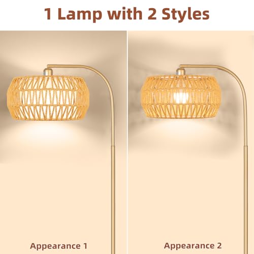 Brilvibera Boho Gold Farmhouse Floor Lamp- Rattan Lamp with Remote and Bulb | Mid Century Modern Rattan Floor Lamp with 2 in 1 Lampshades, Bohemian Gold Tall Lamp for Living Room, Office, Classroom - style: Drum-Gold